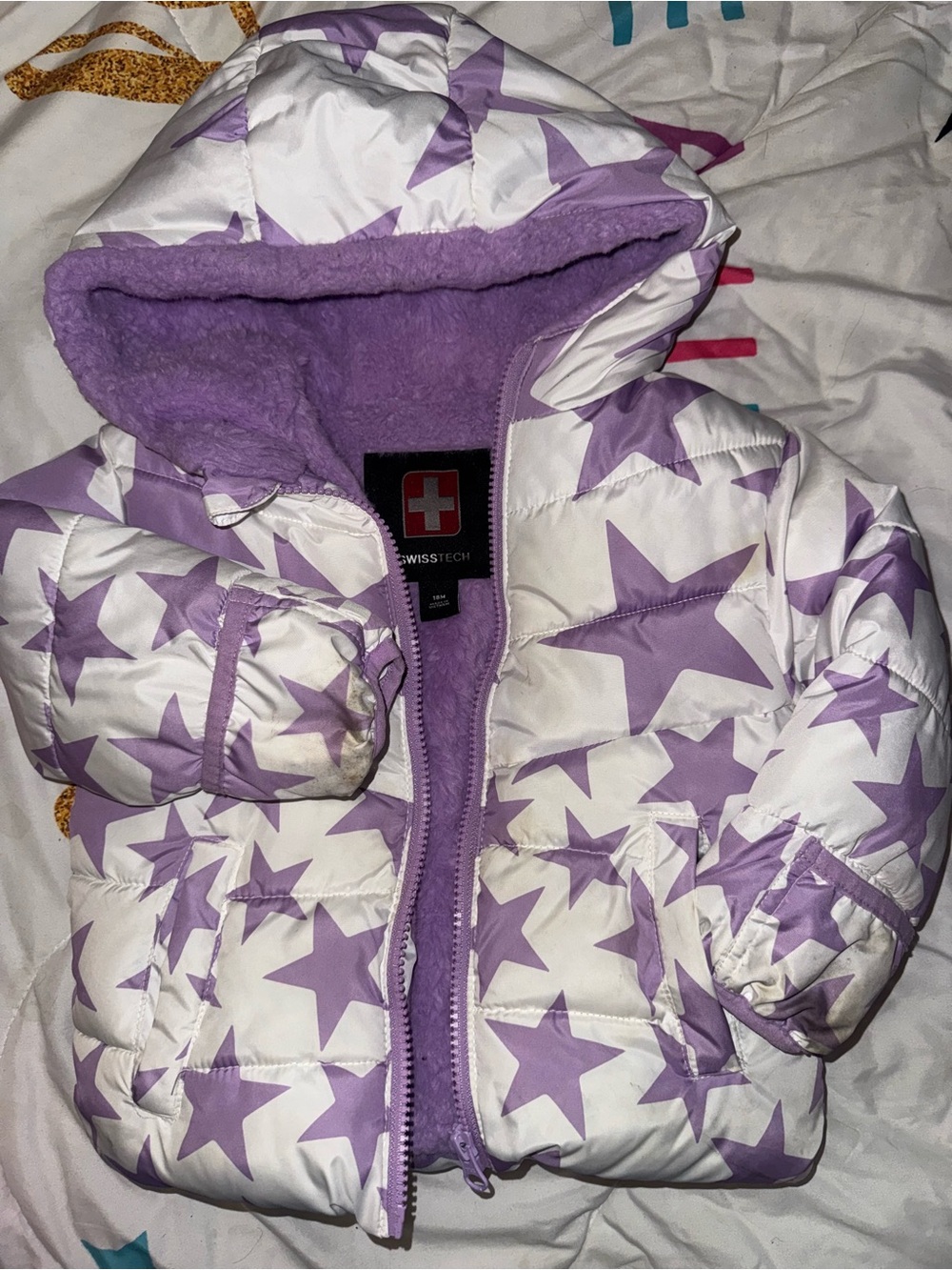 Swiss Tech White Puffer Jacket with Lavender Star Print